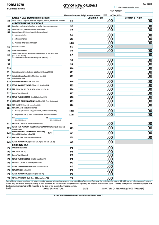 Form 8070 - Sales/use Tax Form - City Of New Orleans - Louisiana Printable pdf