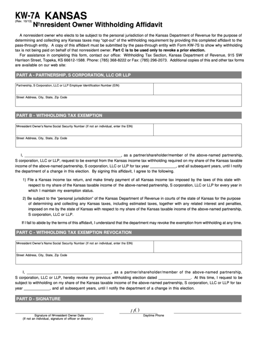 Fillable Form Kw-7a - Kansas Nonresident Owner Withholding Affidavit Printable pdf