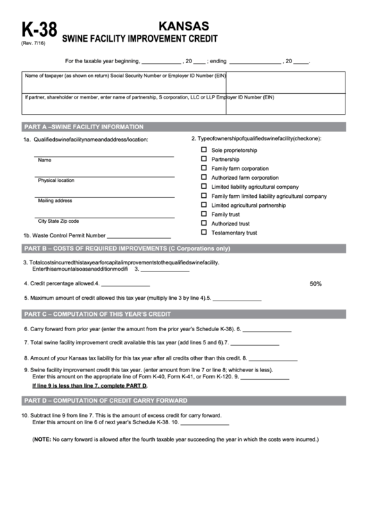 Fillable Form K-38 - Kansas Swine Facility Improvement Credit - 2016 Printable pdf