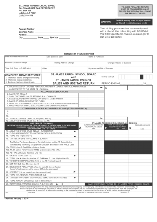 Change Of Status Report Form - St James Parish School Board - Louisiana Sales And Use Tax Department Printable pdf