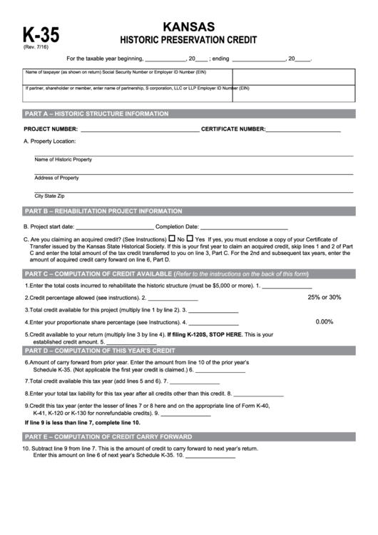 Fillable Form K-35 - Kansas Historic Preservation Credit Printable pdf