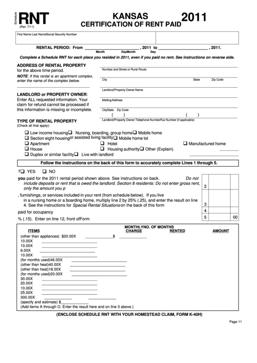 Schedule Rnt - Kansas Certification Of Rent Paid - 2011 Printable pdf