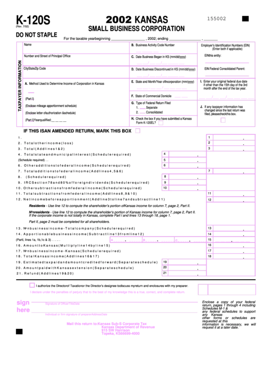 Form K-120s - Kansas Small Business Corporation - 2002 Printable pdf