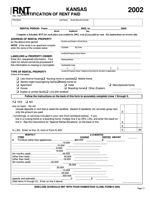 Schedule Rnt - Kansas Certification Of Rent Paid - 2002 Printable pdf