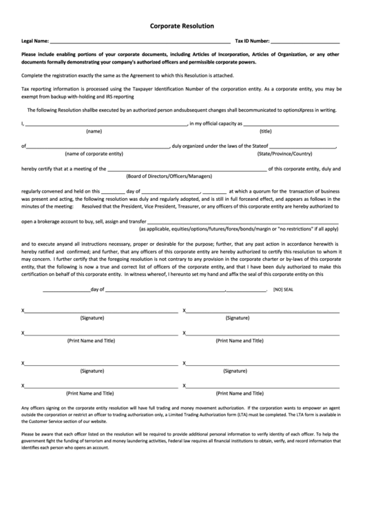 Corporate Resolution Form Printable pdf