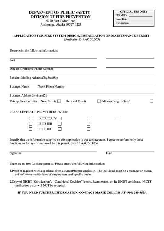 Application For Fire System Design, Installation Or Maintenance Permit - Alaska Department Of Public Safety Printable pdf
