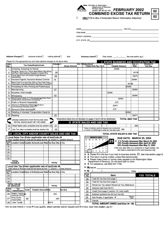 Combined Excise Tax Return Form - February 2002 Printable pdf