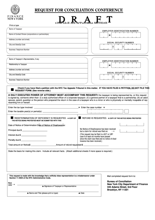 Request For Conciliation Conference Form - New York City Department Of Finance - Draft Printable pdf