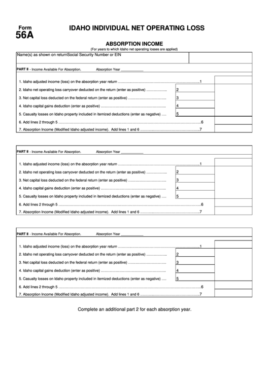 Form 56a - Idaho Individual Net Operating Loss - Absorption Income Printable pdf