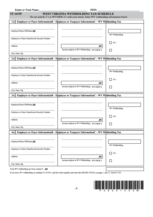 Form It-141w - West Virginia Withholding Tax Schedule Printable pdf