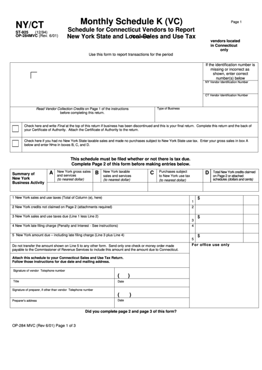 Form Op-284 Mvc - Monthly Schedule K For Connecticut Vendors To Report New York State And Local Sales And Use Tax Printable pdf