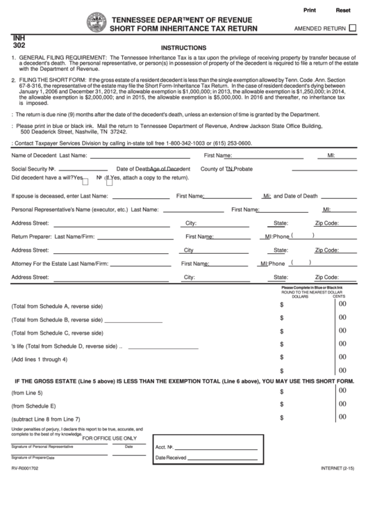 Fillable Form Inh 302 - Short Form Inheritance Tax Return Form Printable pdf