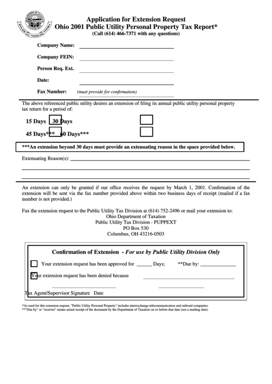 Application For Extension Request Form - Ohio 2001 Public Utility Personal Property Tax Report Printable pdf