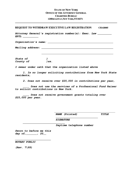 Request To Withdraw Executive Law Registration Form - New York Office Of The Attorney General Printable pdf