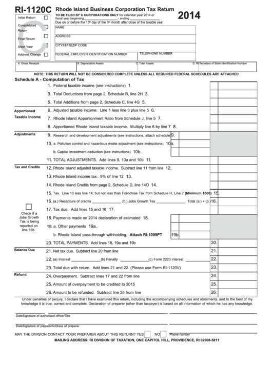 Form Ri-1120c - Rhode Island Business Corporation Tax Return - 2014 Printable pdf