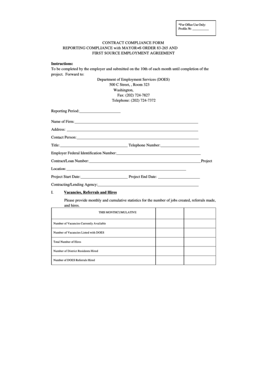 Contract Compliance Form Reporting Compliance With Mayor