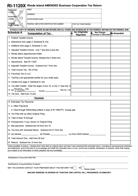 Form Ri 1120x - Rhode Island Amended Business Corporation Tax Return Printable pdf