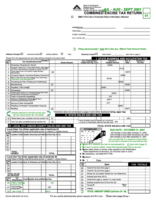 Combined Excise Tax Return Form - Jul - Aug - Sept 2001 Printable pdf