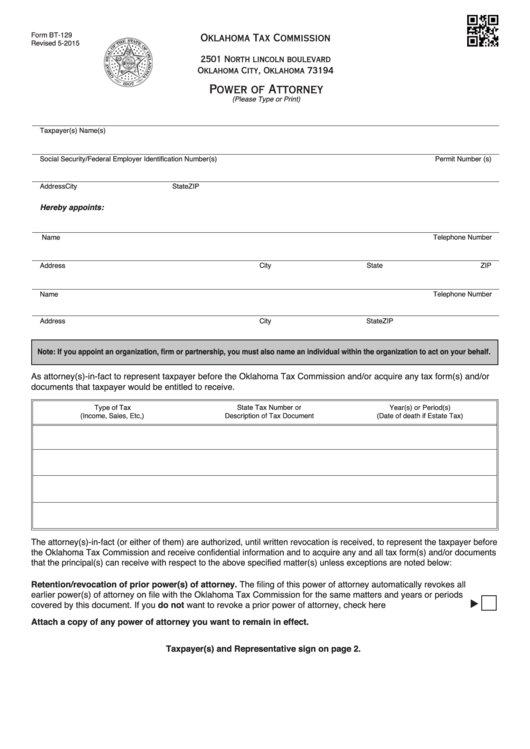 Form Bt-129 - Power Of Attorney - Oklahoma Tax Commission