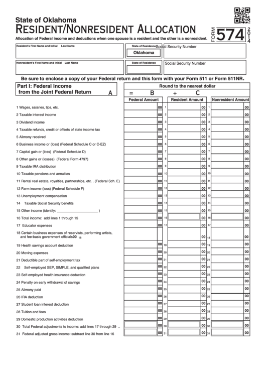 Fillable Form 574 - Resident/nonresident Allocation - 2014 Printable pdf
