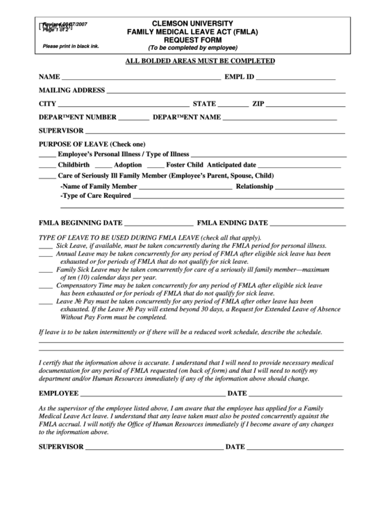 Clemson University Family Medical Leave Act (Fmla) Request Form Printable pdf