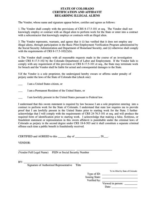 Fillable Certification & Affidavit Regarding Illegal Aliens Form Printable pdf