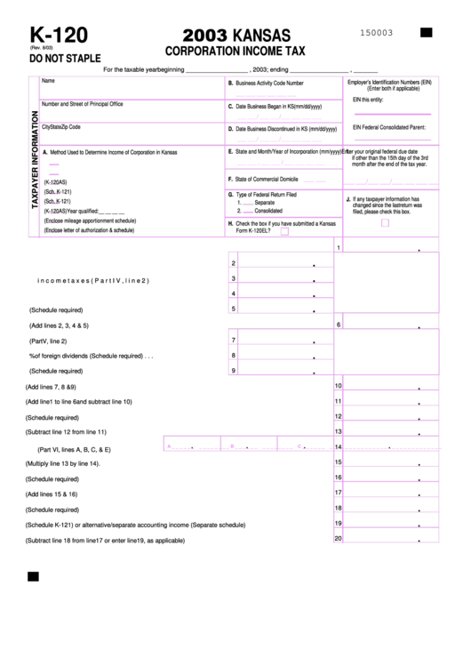 Form K120 Kansas Corporation Tax 2003 printable pdf download