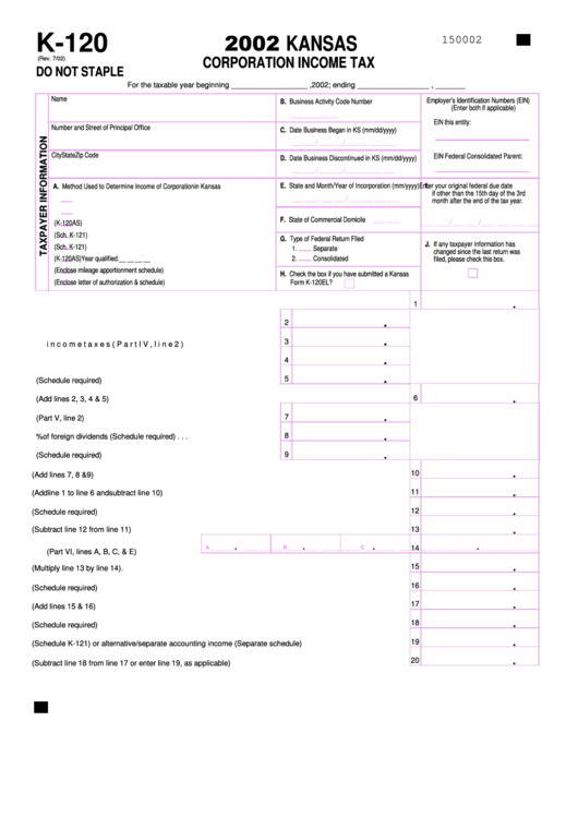 Form K-120 - Kansas Corporation Income Tax 2002 Printable pdf