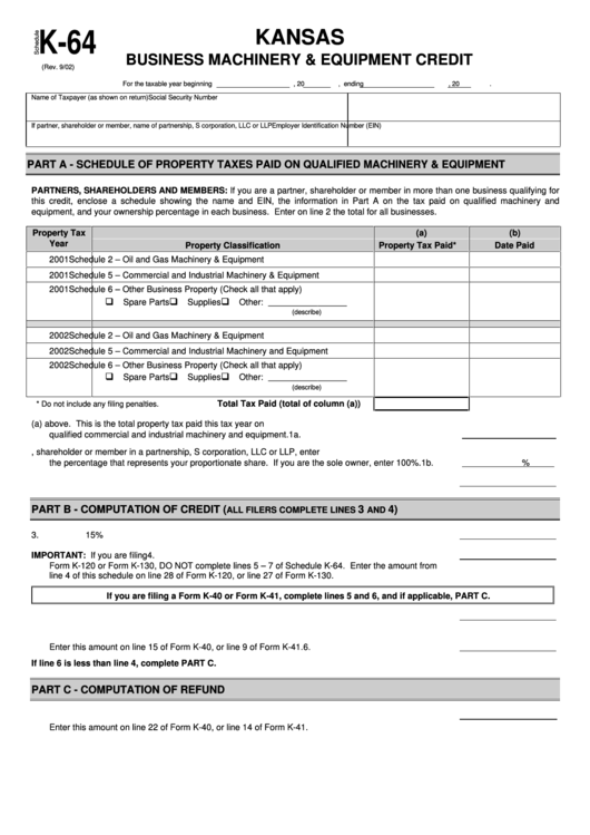 Form K-64 - Kansas Business Machinery & Equipment Credit Printable pdf