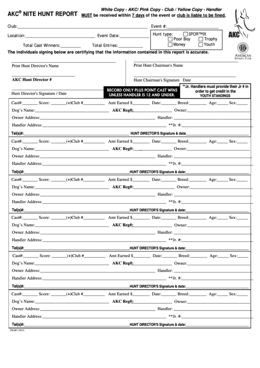 Form Jnlq01 - Akc Nite Hunt Report Printable pdf
