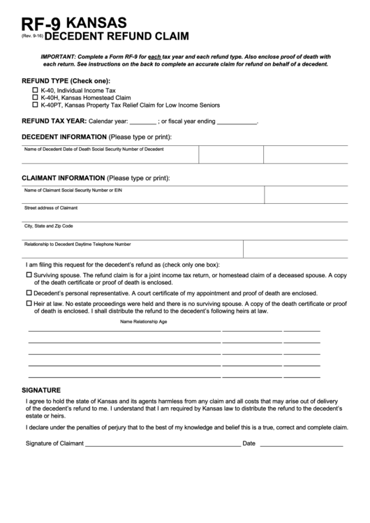 Fillable Form Rf-9 - Kansas Decedent Refund Claim Printable pdf