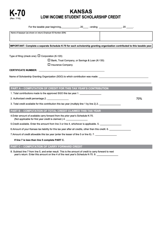 Fillable Form K-70 - Kansas Low Income Student Scholarship Credit Printable pdf
