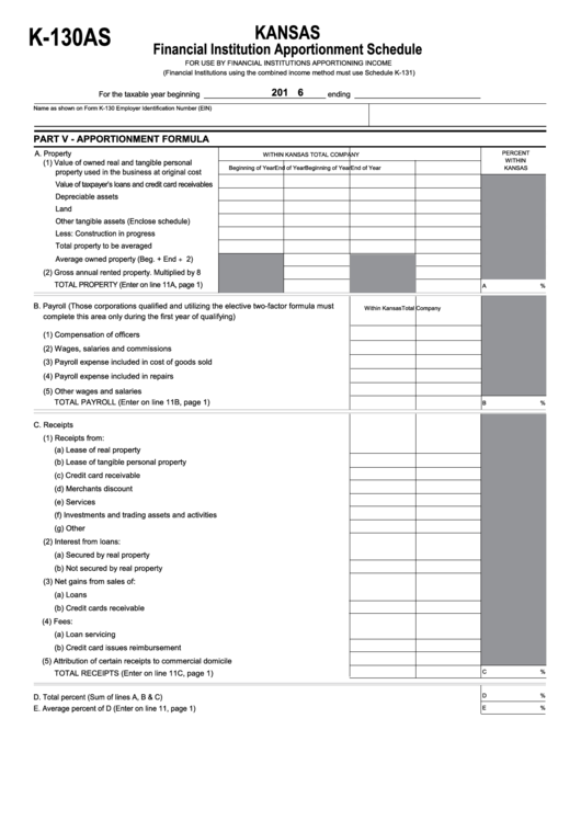 Fillable Form K-130as - Kansas Financial Institution Apportionment Schedule Printable pdf