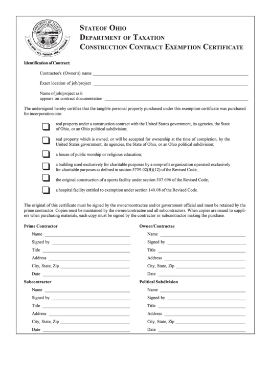 Fillable Construction Contract Exemption Certificate - Ohio Department Of Taxation Printable pdf