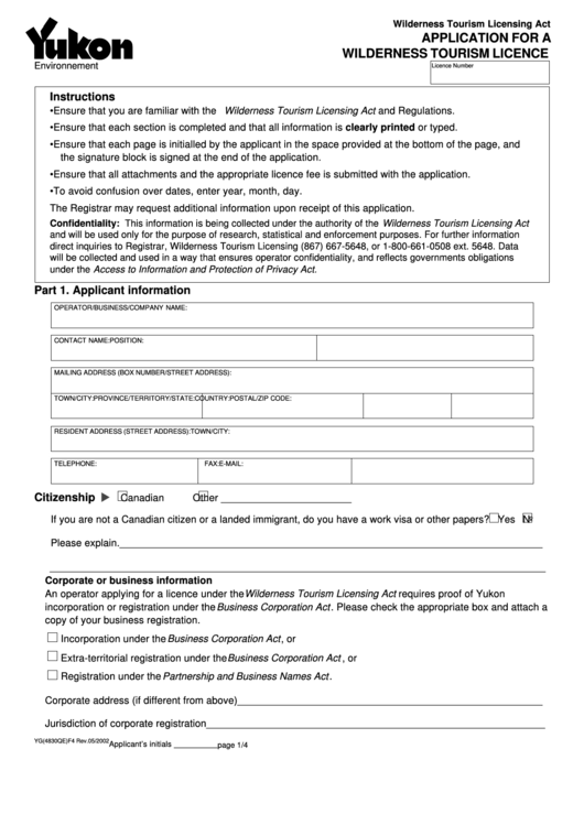 Fillable Application For A Wilderness Tourism Licence Printable pdf