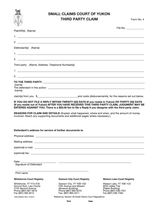 Fillable Form 4 - Small Claims Court Of Yukon - Third Party Claim Printable pdf