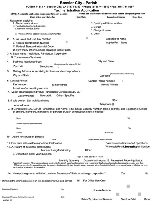 Fillable Bossier City Tax Registration Application Form 2001