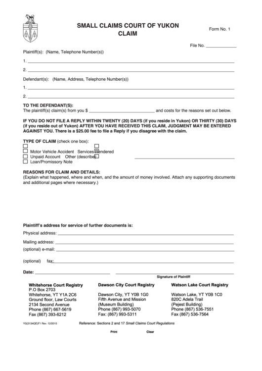 Fillable Form 1 - Small Claims Court Of Yukon - Claim Printable pdf