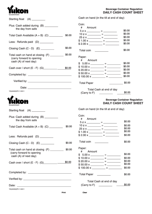 Fillable Form Yg(4245q) Pd - Daily Cash Count Sheet - 2011 Printable pdf