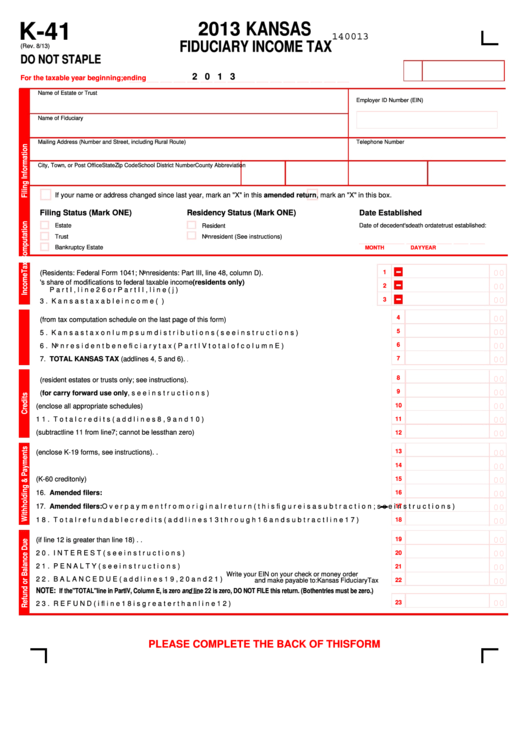 Fillable Form K-41 - Kansas Fiduciary Income Tax - 2013 Printable pdf