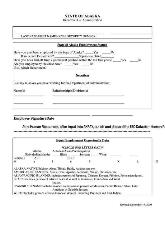 State Of Alaska Employment Status Form 2000 Printable pdf