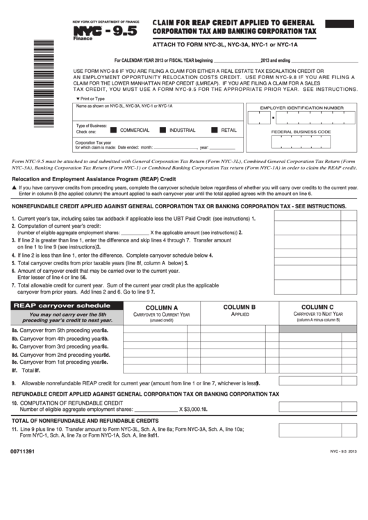 Form Nyc-9.5 - Claim For Reap Credit Applied To General Corporation Tax And Banking Corporation Tax - 2013 Printable pdf