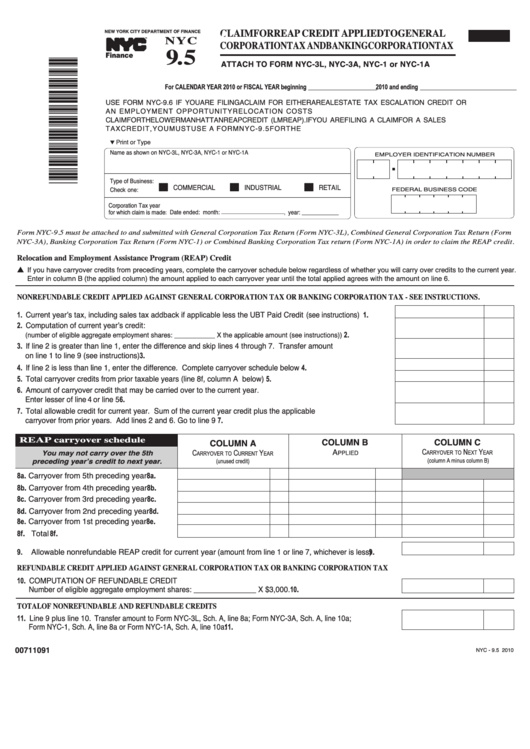 Form Nyc-9.5 - Claim For Reap Credit Applied To General Corporation Tax And Banking Corporation Tax - 2010 Printable pdf