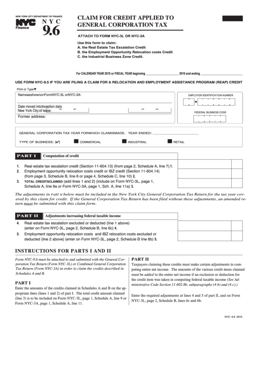 Form Nyc-9.6 - Claim For Credit Applied To General Corporation Tax - 2010 Printable pdf