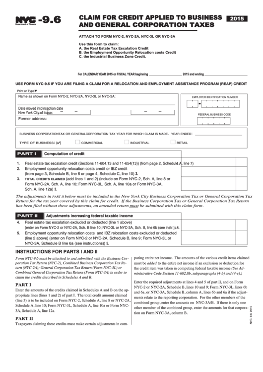 Form Nyc-9.6 - Claim For Credit Applied To General Corporation Taxes - 2015 Printable pdf