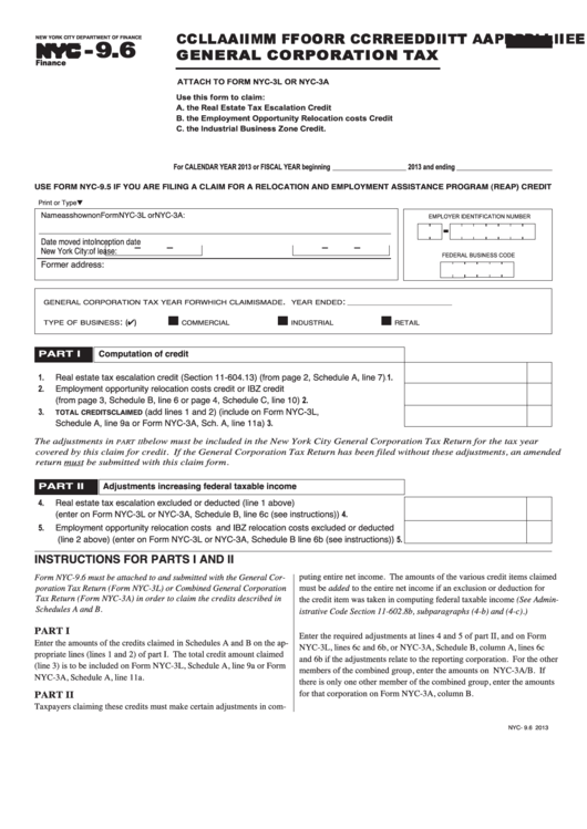 Form Nyc-9.6 - Claim For Credit Applied To General Corporation Tax - 2013 Printable pdf