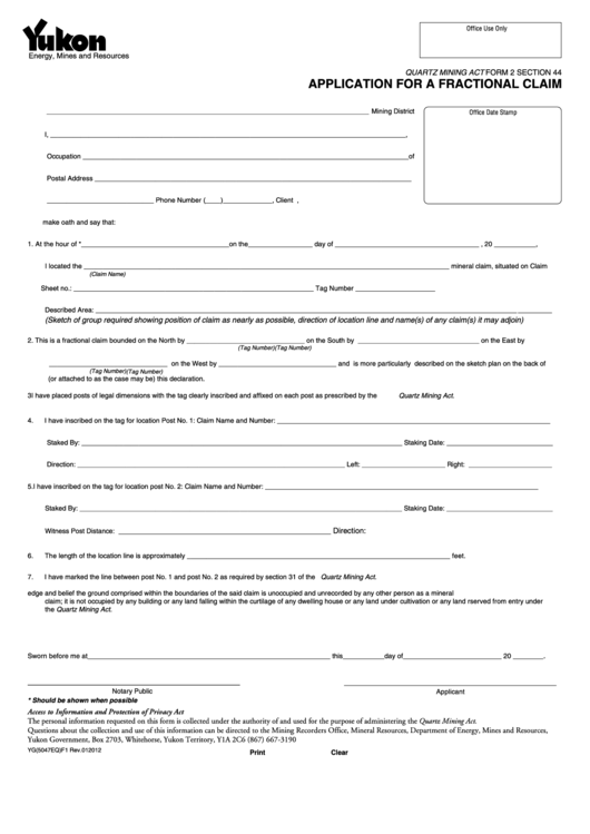 Fillable Form Yg(5047eq) F1 - Application For A Fractional Claim Printable pdf