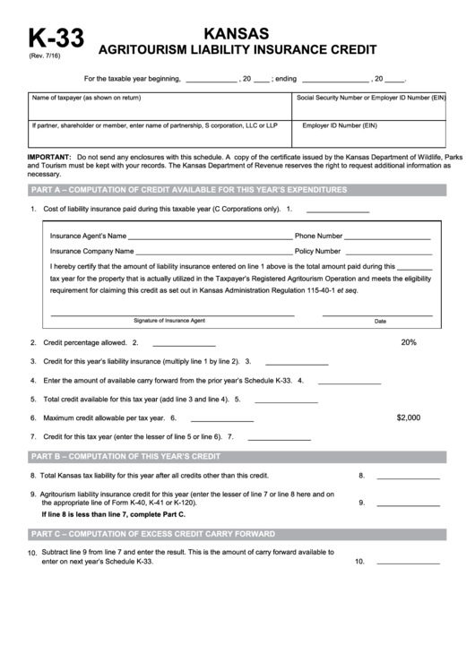 Fillable Form K-33 - Kansas Agritourism Liability Insurance Credit - 2016 Printable pdf