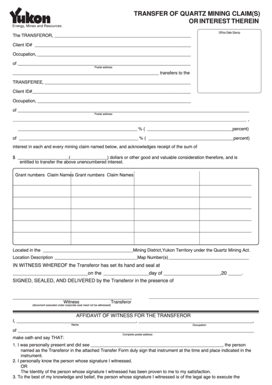 Fillable Transfer Of Quartz Mining Claims Or Interest Therein Form Printable Pdf Download 5506