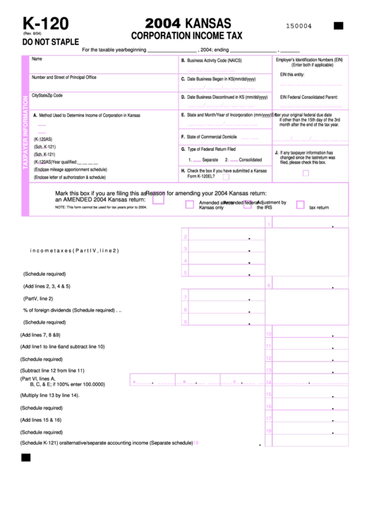 Form K-120 - Kansas Corporation Income Tax - 2004 Printable pdf